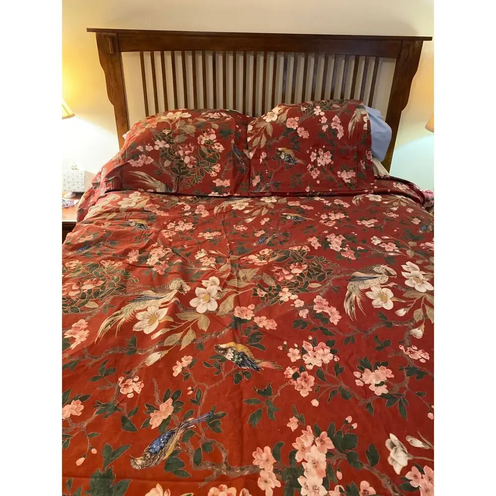 Pottery Barn Nola Songbird Crimson Red Floral King Duvet Cover & 2 Shams 3 p Set